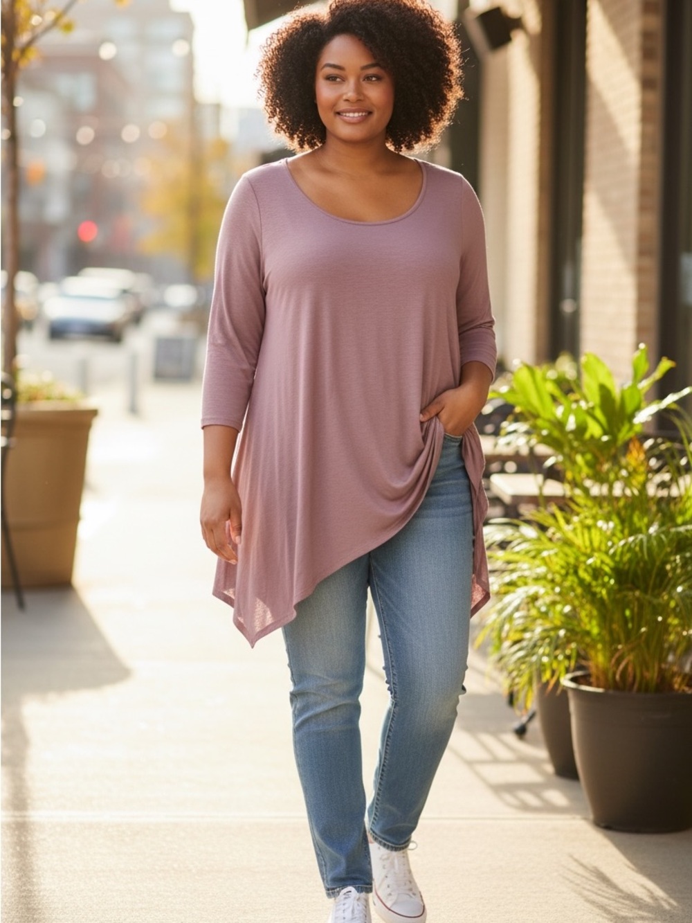 3x Soft Scoop Neck Tunic - Dusty Rose
